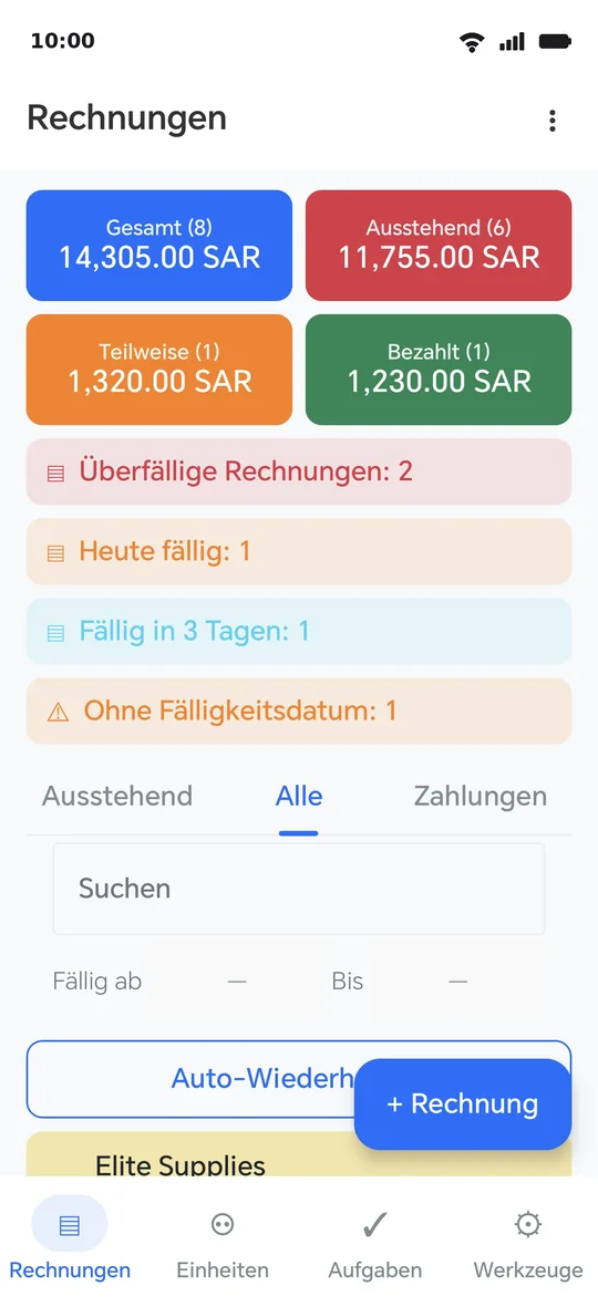 Der Rechnungsbildschirm: die Schaltfläche „+ Rechnung“ unten, darüber Karten und Streifen
