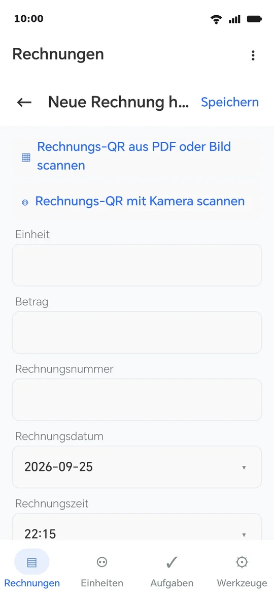 Der Eingabebildschirm: oben die zwei Scan-Schaltflächen, dann die Felder