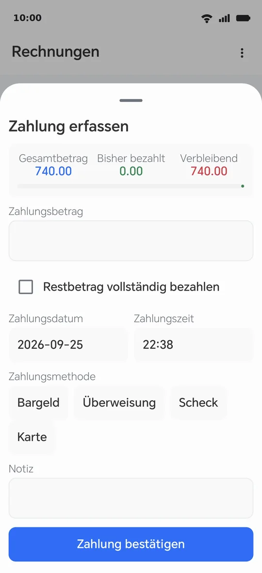 Zahlung erfassen: Betrag, Datum, Uhrzeit und Art — oder „Zahlung bestätigen“ für den ganzen Rest