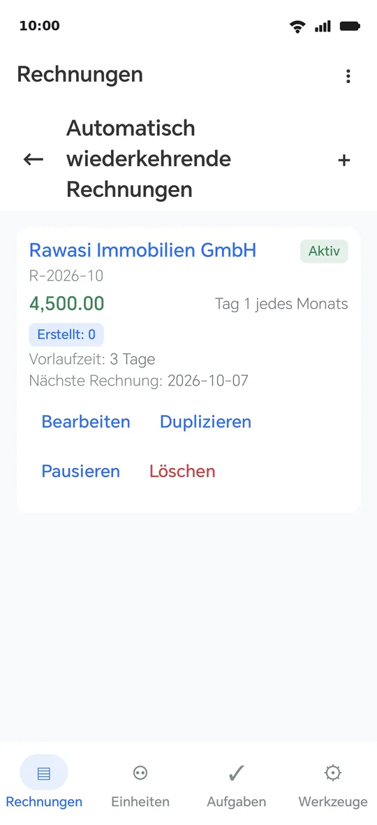 Eine wiederkehrende Vorlage für die Miete: monatlich ab Startdatum, Vorankündigung und Datum der nächsten Rechnung