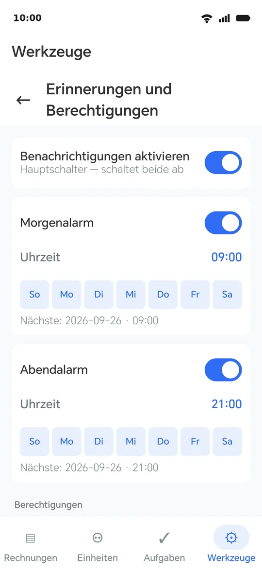 Die Seite Erinnerungen: die drei Berechtigungen mit Status, die zwei Uhrzeiten und „Erinnerungen jetzt prüfen“