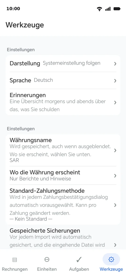 Die Seite Werkzeuge: Einstellungen, dann Vorlieben, dann gespeicherte Sicherungen