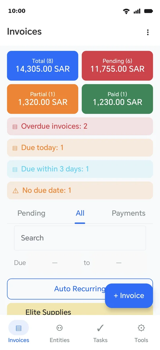The invoices screen: the “+ Invoice” button at the bottom, the cards and stripes above it