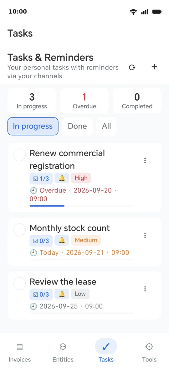 Tasks: a priority, a reminder bell, and a checklist completed item by item