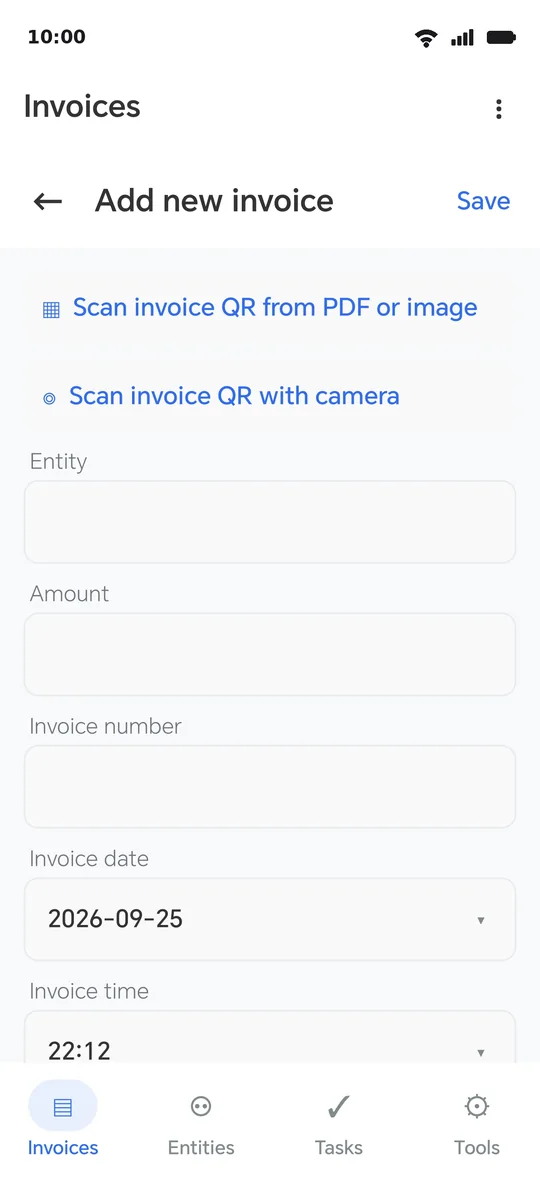 The add screen: the two scan buttons at the top, then the fields