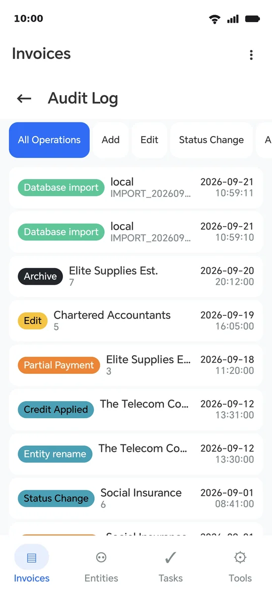 The audit log: every operation with its type, entity and time