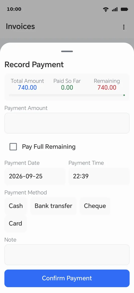 Recording a payment: the amount, date, time and method — or “Confirm payment” for the whole remainder