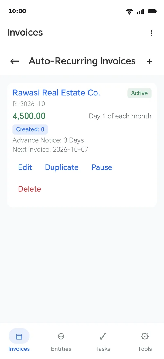 A recurring template for rent: monthly from a start date, an advance notification, and the next invoice's date