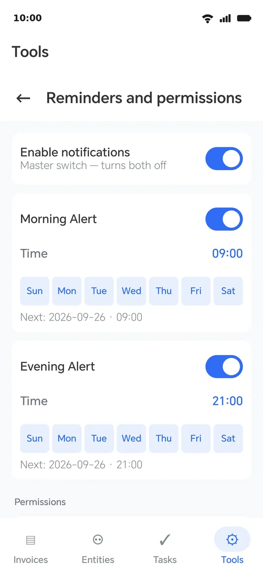 The Reminders page: the three permissions with their state, the two times, and the “Check reminders now” button
