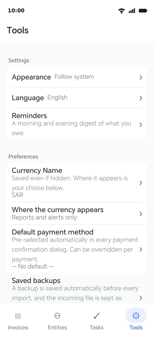 The Tools page: settings, then preferences, then saved backups