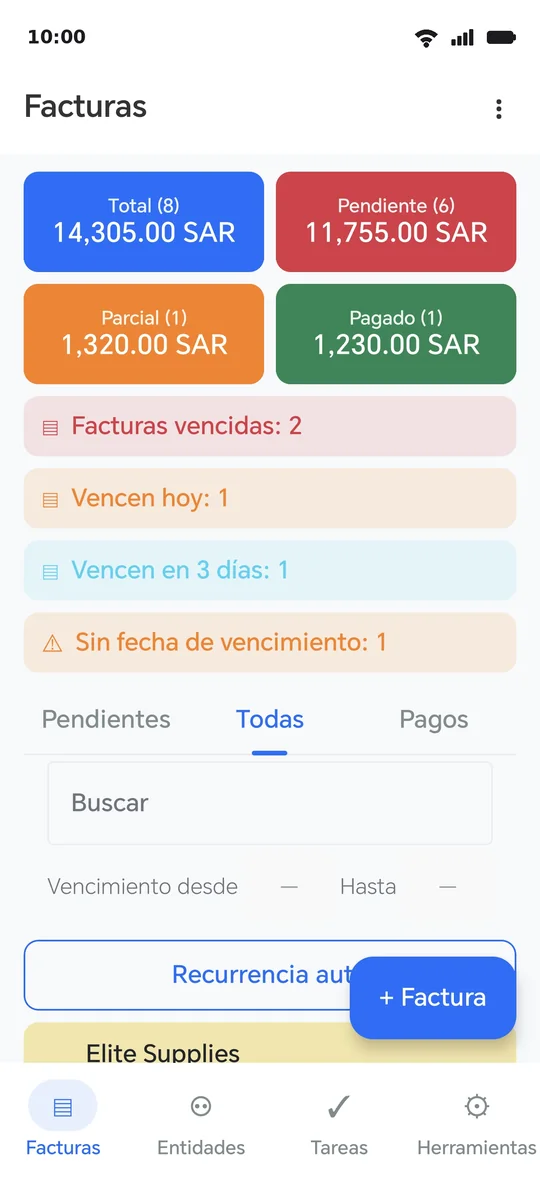La pantalla de facturas: el botón «+ Factura» abajo, las tarjetas y las franjas encima