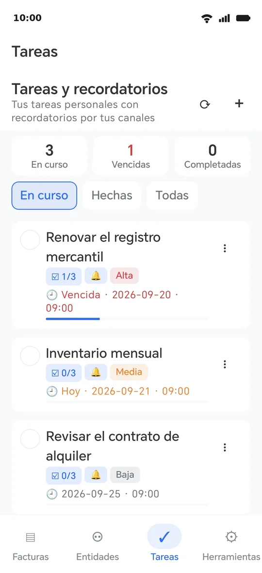 Tareas: prioridad, campana de recordatorio y lista de verificación completada punto por punto