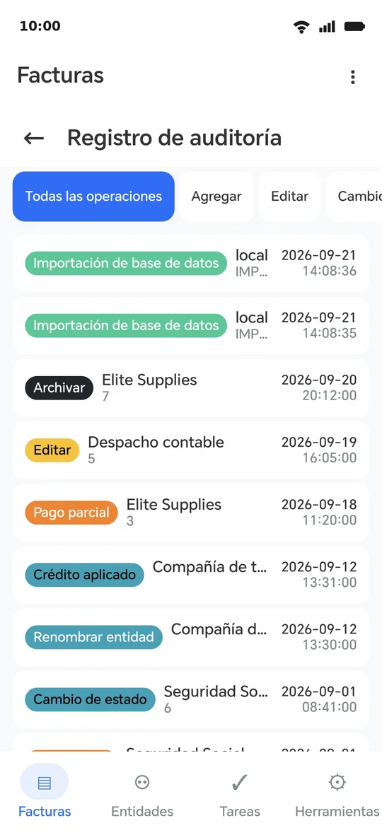 El registro: cada operación con su tipo, entidad y hora