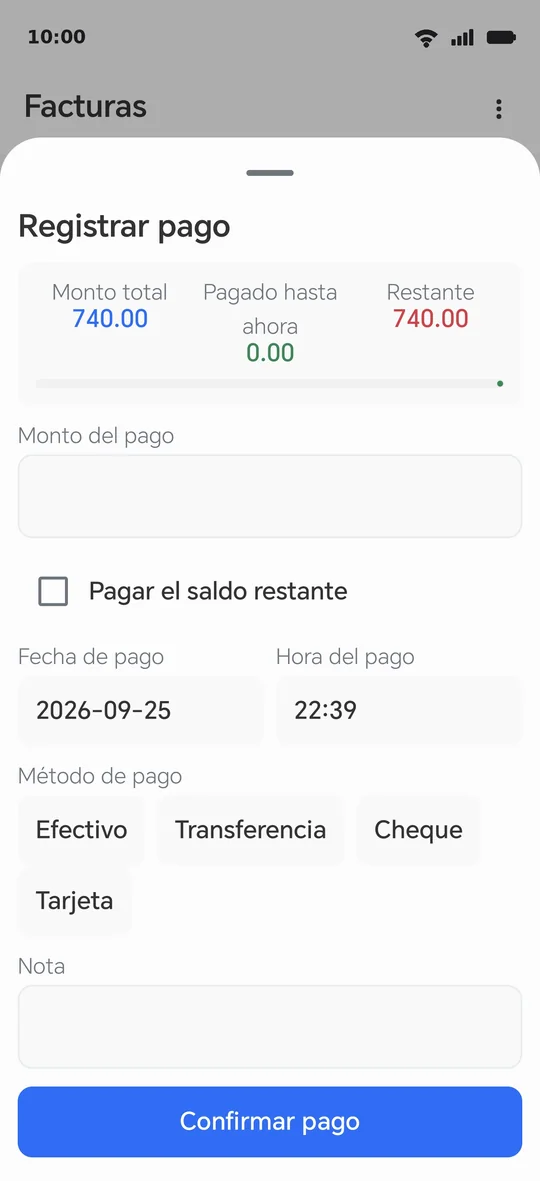 Registrar un pago: importe, fecha, hora y método — o «Confirmar pago» por todo el resto