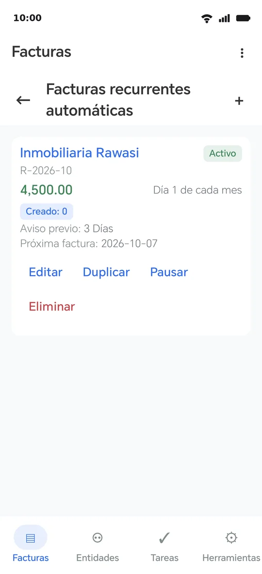 Una plantilla recurrente para el alquiler: mensual desde una fecha de inicio, aviso previo y fecha de la próxima factura