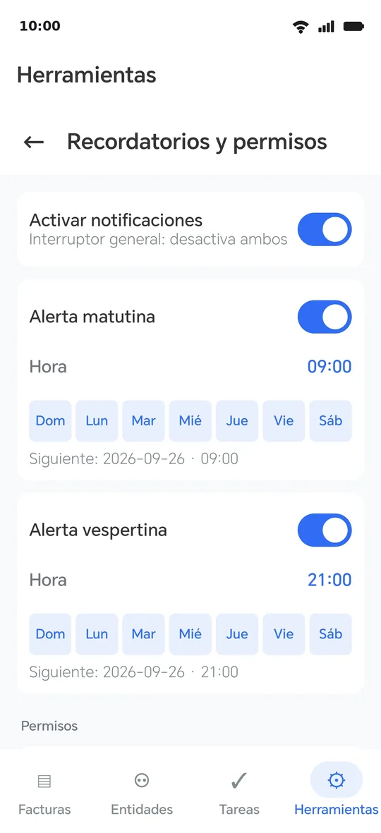 La página Recordatorios: los tres permisos con su estado, las dos horas y el botón «Comprobar recordatorios ahora»
