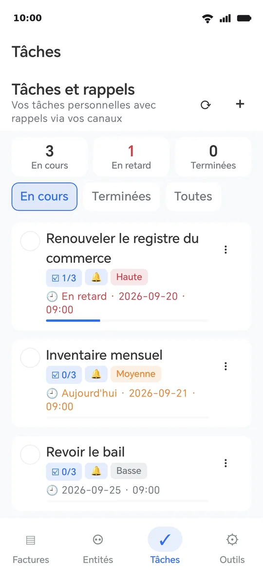 Les tâches : une priorité, une cloche de rappel et une liste de contrôle cochée élément par élément