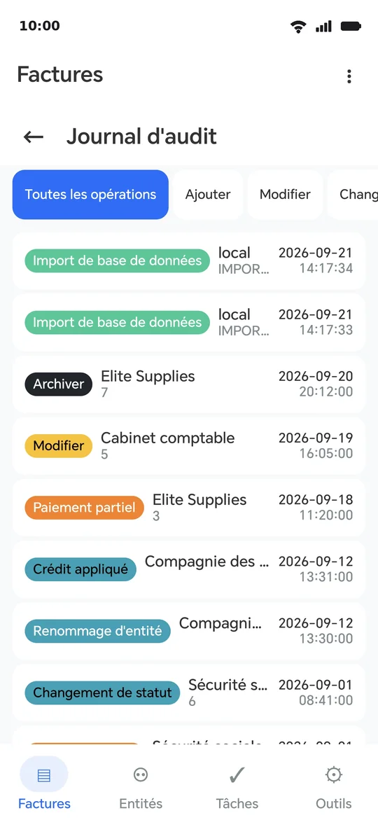 Le journal : chaque opération avec son type, son entité et son heure