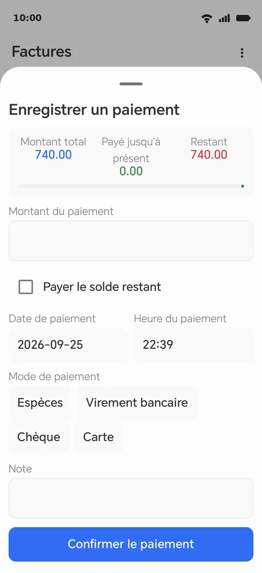 Enregistrer un paiement : montant, date, heure et mode — ou « Confirmer le paiement » pour tout le reste