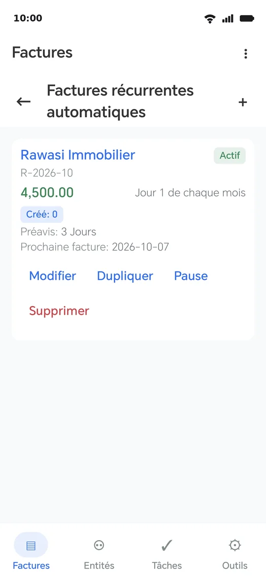Un modèle récurrent pour le loyer : mensuel depuis une date de début, une notification anticipée et la date de la prochaine facture