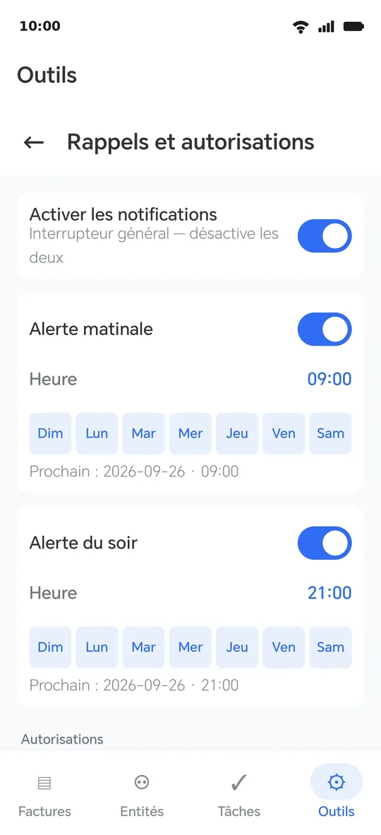 La page Rappels : les trois autorisations avec leur état, les deux heures et le bouton « Vérifier les rappels maintenant »