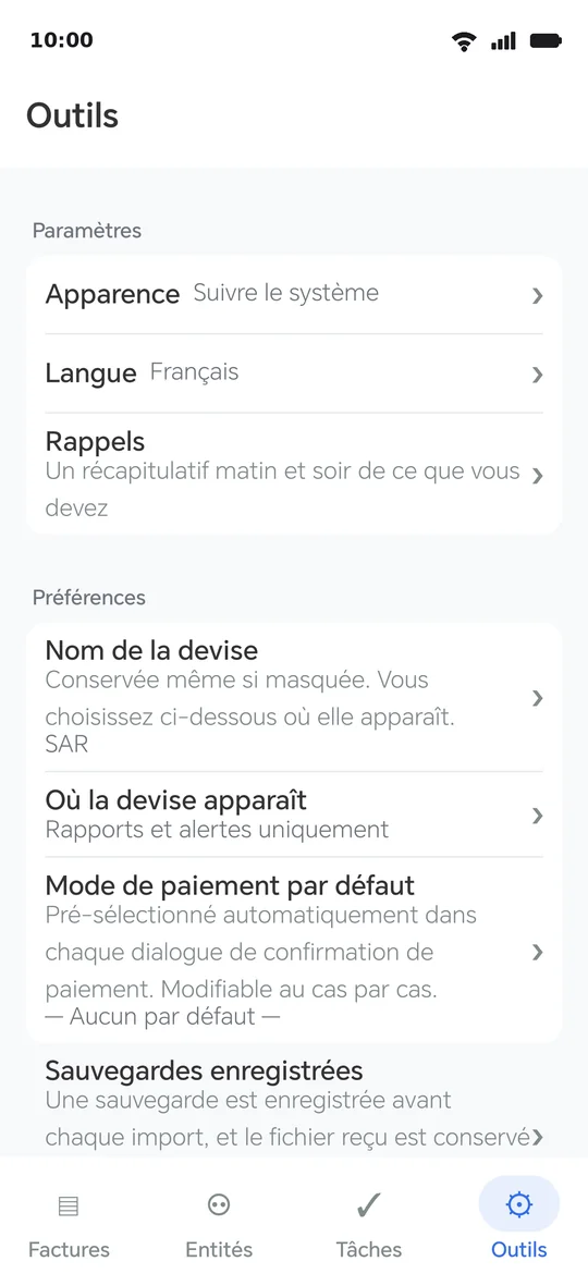 La page Outils : réglages, puis préférences, puis sauvegardes