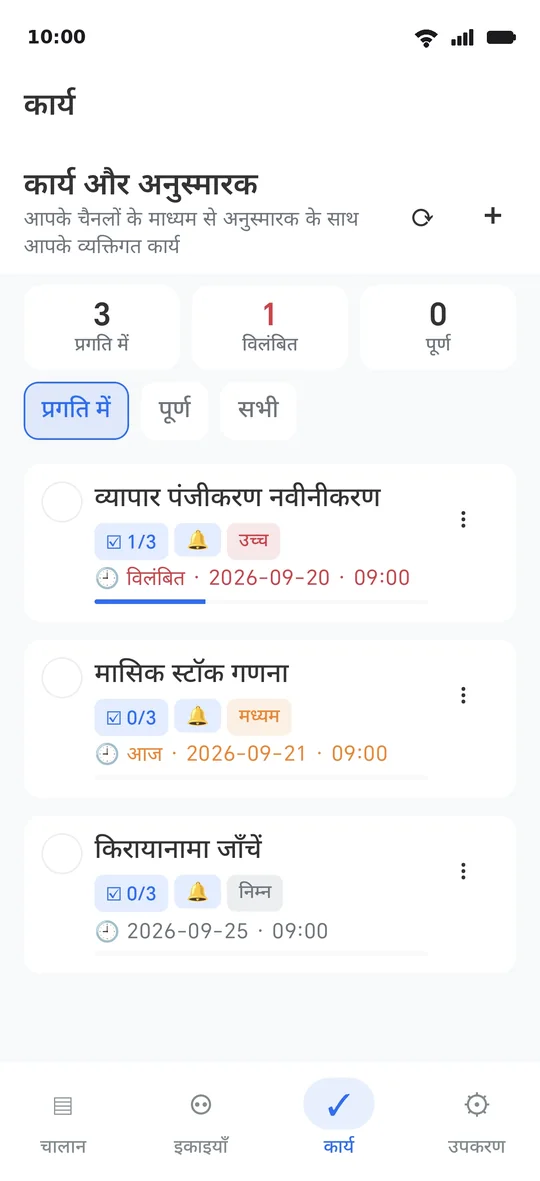 कार्य: प्राथमिकता, अनुस्मारक घंटी और मद-दर-मद पूरी होने वाली चेकलिस्ट