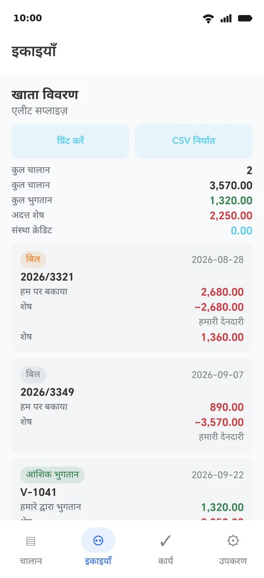 इकाई का विवरण-पत्र: चालान, भुगतान और अंतिम शेष
