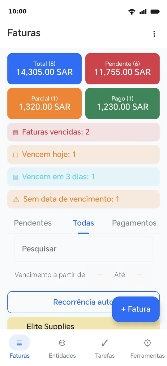 O ecrã das faturas: o botão «+ Fatura» em baixo, os cartões e as faixas por cima