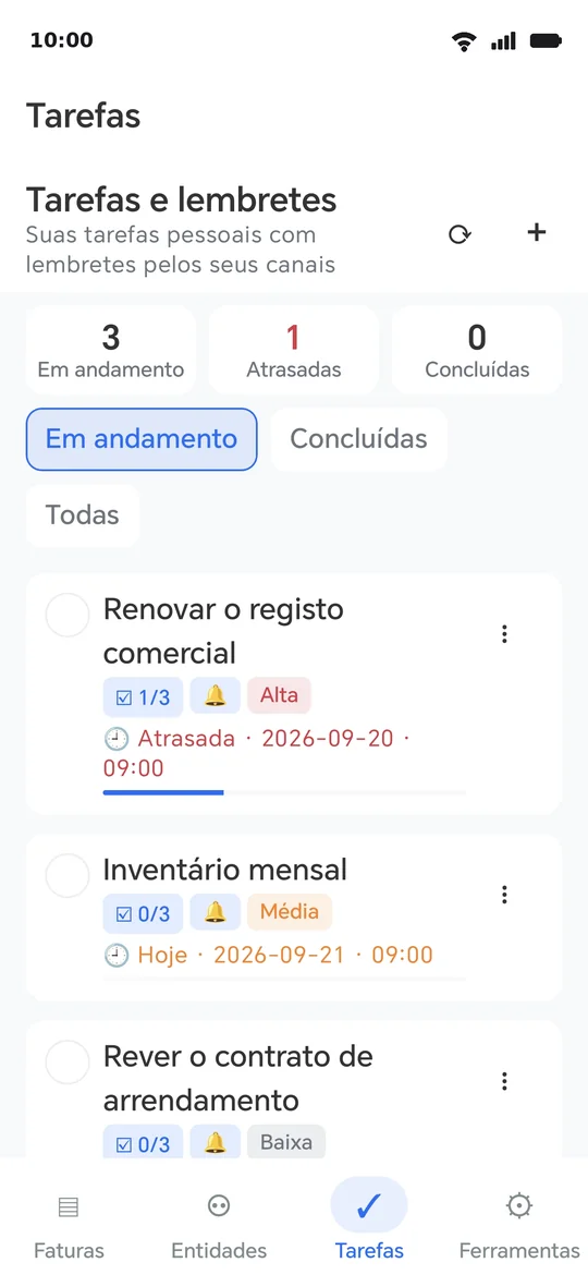 Tarefas: prioridade, sino de lembrete e lista de verificação concluída item a item