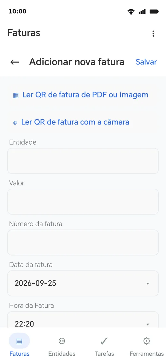 O ecrã de adicionar: os dois botões de leitura em cima, depois os campos