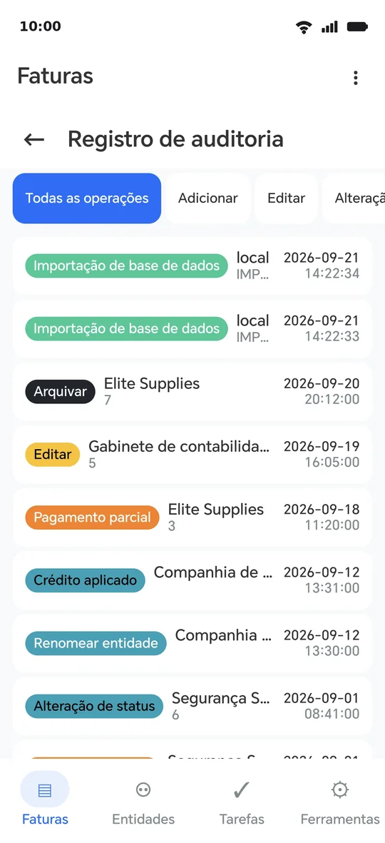 O registo: cada operação com o seu tipo, entidade e hora