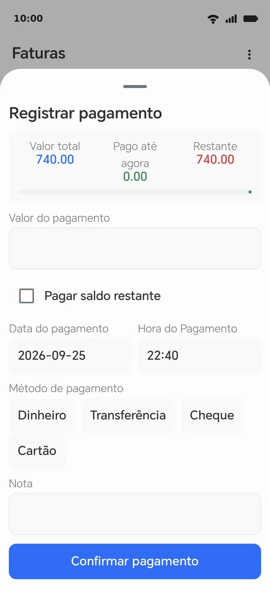Registar um pagamento: valor, data, hora e método — ou «Confirmar pagamento» pelo resto todo