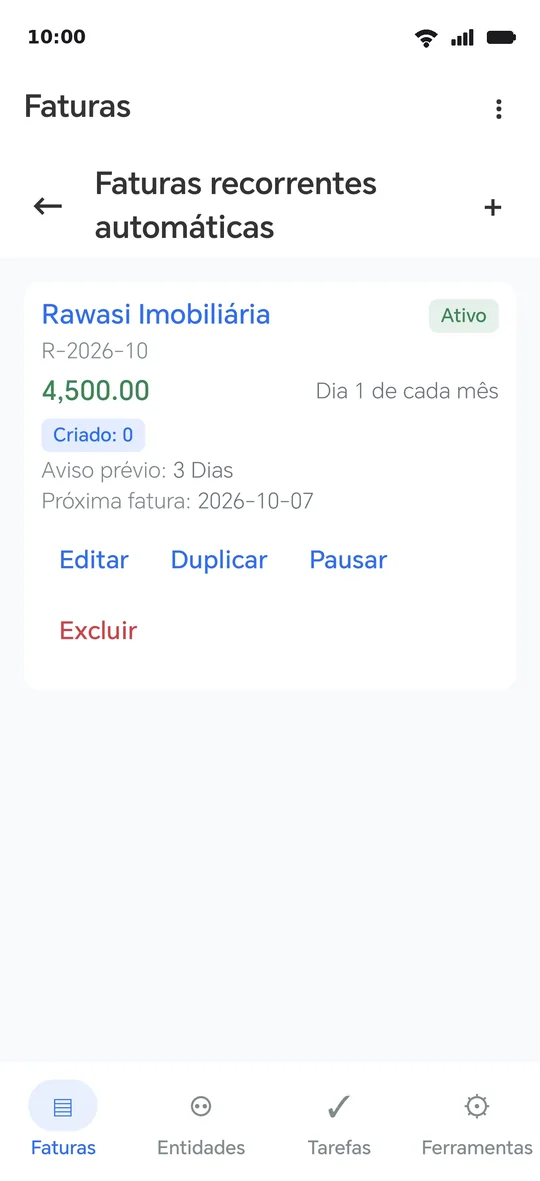 Um modelo recorrente para a renda: mensal a partir de uma data de início, aviso antecipado e data da próxima fatura