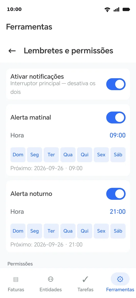 A página Lembretes: as três permissões com o seu estado, as duas horas e o botão «Verificar lembretes agora»
