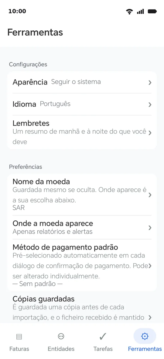 A página Ferramentas: definições, depois preferências, depois cópias guardadas