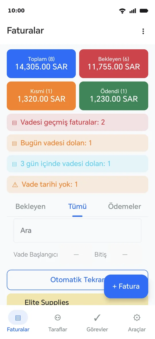 Faturalar ekranı: altta «+ Fatura» düğmesi, üstte kartlar ve şeritler
