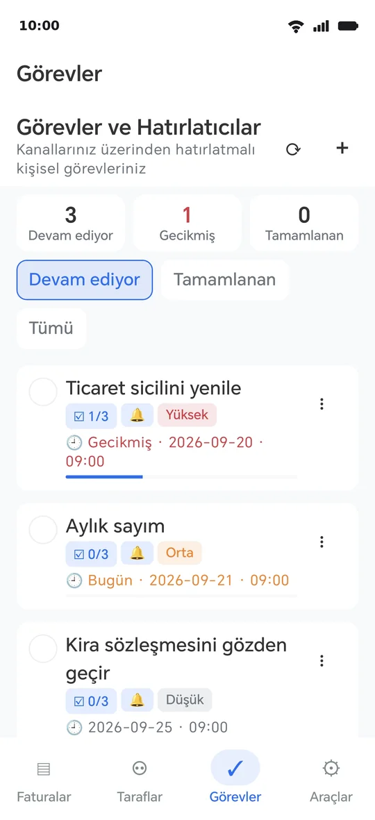 Görevler: öncelik, hatırlatma zili ve madde madde tamamlanan kontrol listesi