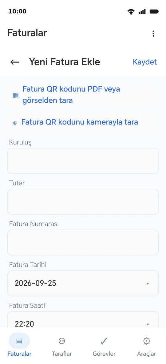 Ekleme ekranı: üstte iki tarama düğmesi, sonra alanlar