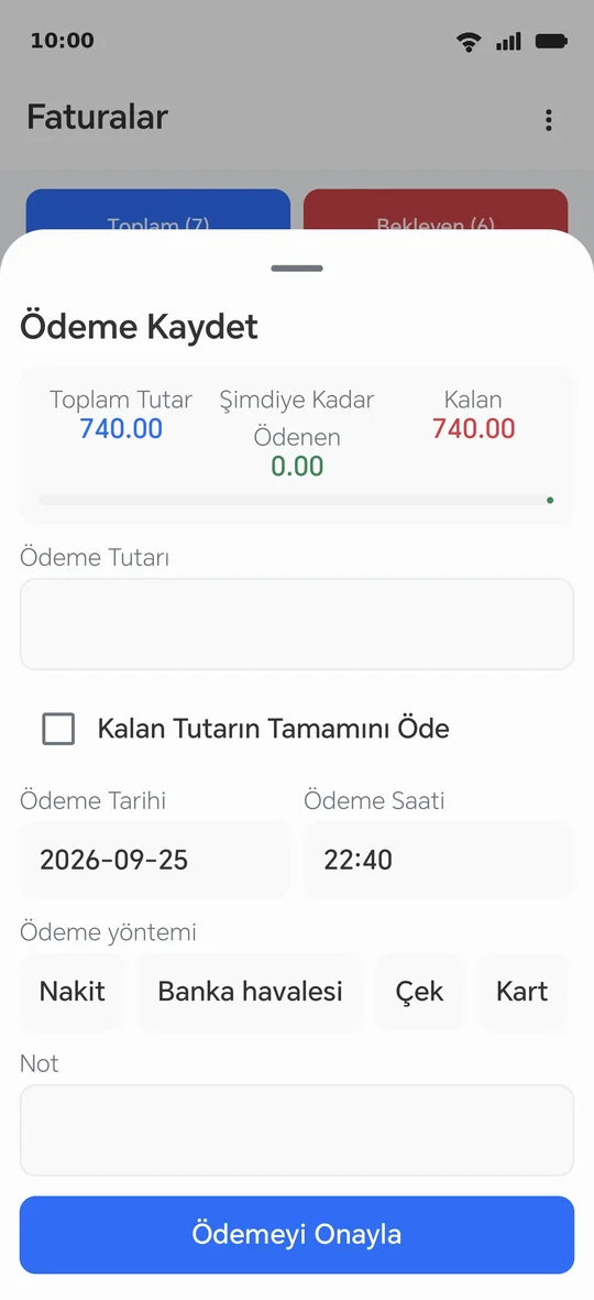 Ödeme kaydetme: tutar, tarih, saat ve yöntem — ya da kalanın tamamı için «Ödemeyi onayla»