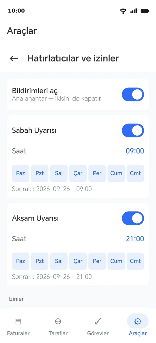 Hatırlatmalar sayfası: durumlarıyla üç izin, iki saat ve «Hatırlatmaları şimdi denetle» düğmesi