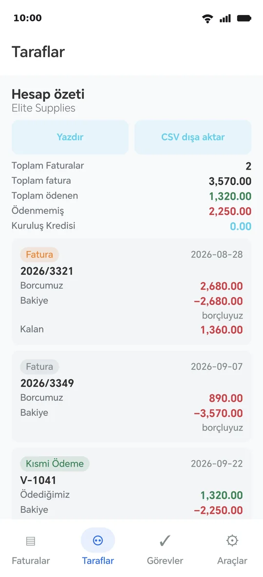 Bir tarafın ekstresi: faturalar, ödemeler ve son bakiye