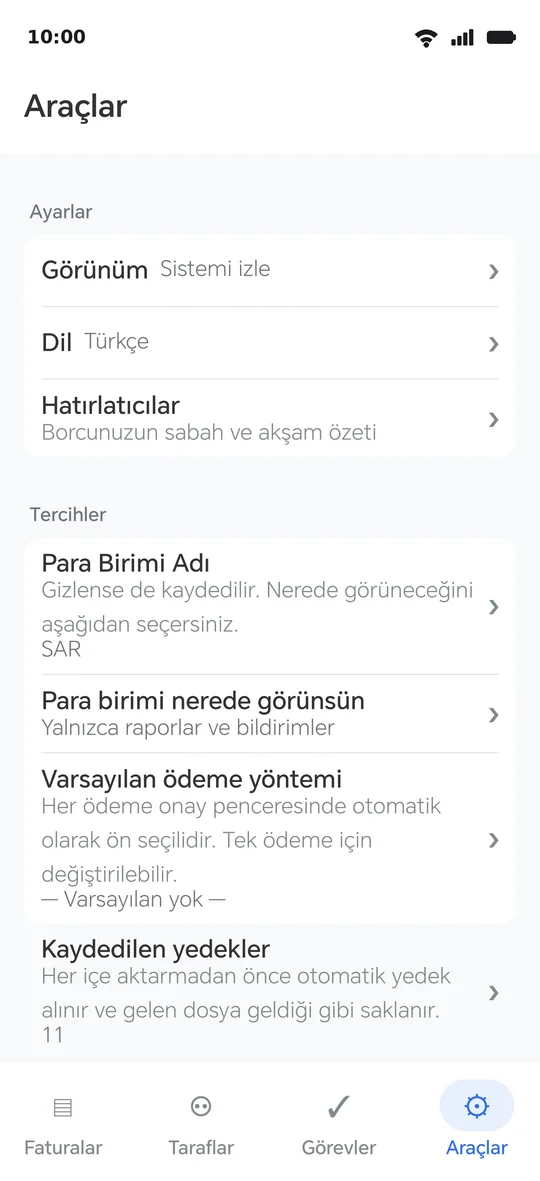 Araçlar sayfası: ayarlar, sonra tercihler, sonra kayıtlı yedekler